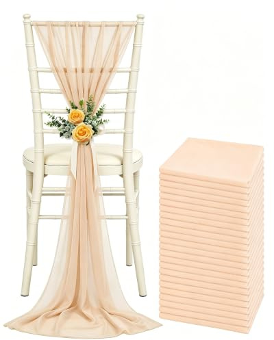 24 Pcs Wedding Chair Sashes Sheer Chiffon Draping Fabric Chair Bows | Champagne Wedding Chair Decorations Ribbon, Machine Washable, Wrinkle Resistant, Decor for Wedding Aisle Ceremony, 275*20cm