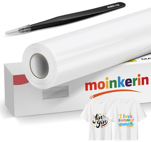 moinkerin Vit 30,5 x 600 cm, plotterfolie, textil och överföringsfolie, plotter – PVC-överföringsfolie med pincetter i rostfritt stål för gör-det-själv T-shirts och textilier