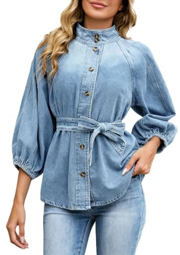 Stående krage för damer knäppt denimskjorta, puff ballong ärm denim toppar | Bälte midja Chambray skjorta, 3/4-ärm jeansblus, anpassad jeansjacka