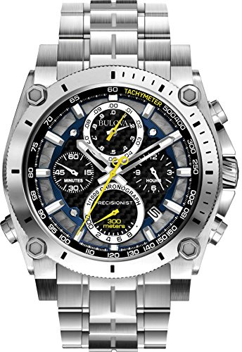 Bulova Men's Precisionist in Stainless Steel with 8-Hand Chronograph Watch, Blue and Yellow Accents, Black Dial Style: 96B175