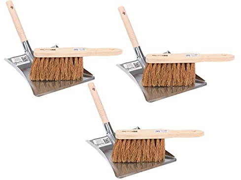 Qualitäts Kehrgarnituren Kehrsets von BawiTec Handfeger und Kehrschaufel Kehrblech mit Griff stabile robuste Ausführung verschiedene Borsten (3x Kehrset Kokos)