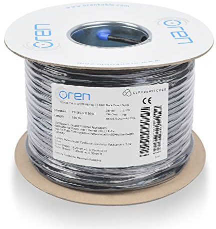 Oren CAT6 Outdoor Ethernet Cable 100m - Direct Burial - 23 AWG Pure Copper Wire - 400 MHz Bandwidth UTP Internet LAN Network Cable - Halogen Free, Non-Corrosive - Gigabit High Speed