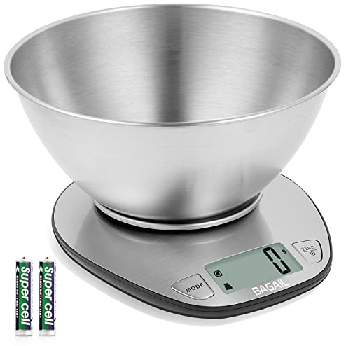 BAGAIL BASICS Digital Kitchen Scale, Large Clear Display, Wet and Dry Food Scale with Stainless Steel Mixing Bowl - 11 lb