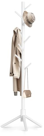 OUTGAVA Wooden Coat Rack Freestanding with 8 Hooks,Easy Assembly New Zealand Pine Tree Coat Racks, 3 Adjustable Sizes for Clothes, Hats, Bags, for Entryway, Hallway, Bedroom, Office (White, 1 PC)