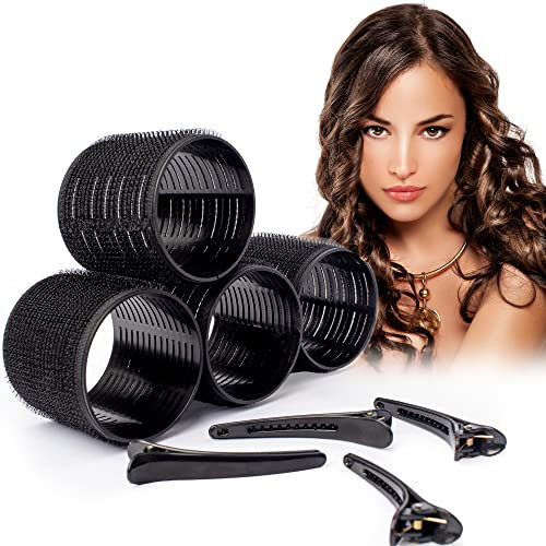 Large Hair Rollers with Clips – 4 Jumbo 66mm Rollers & 4 Clips – No Heat Hair Curlers for Long & Short Styles – Self Grip Hair Curlers Rollers for Hair Volume & Styling – Easy, Travel-Friendly