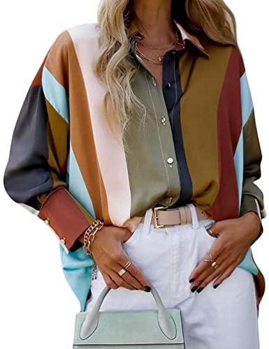 Minetom Chemisier Femme Elégant Col en V Manches Longues Imprimé Blouse avec Boutons Chemise Travail Bureau Tunique Shirt Haut Top E Bleu XL