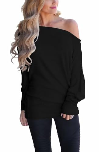 Dressmine Off The Shoulder Tops for Women Jumper Black Long Sleeve Oversized Batwing Sleeve Loose Knitted Pullover Clothing Size 18