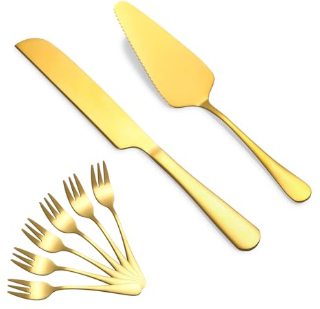 Juego de cuchillo y servidor para tartas con 6 tenedores para tartas, juego de corte de pastel de boda para fiestas de cumpleaños, aniversario y festivales (8 piezas, dorado)