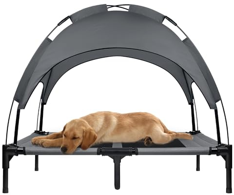 UISEBRT Erhöhtes Hundebett Haustierbett mit Baldachin, Hundeliege Outdoor für Camping Strand, Hundebett mit Wasserdicht Dach Hundesofa mit Atmungsaktivem Netzgewebe, Größe L, 92 x 76 x 92 cm