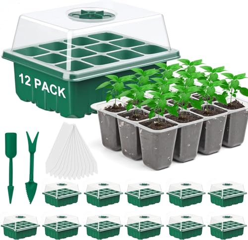 Feizeisun Seed Trays, 12 Pack 144 Cells Propagator Growing Thicken Seedling Starter Growing Trays, Plant Germination Kit with Clear Lids/Adjustable Window for Greenhouse & Gardens, Green