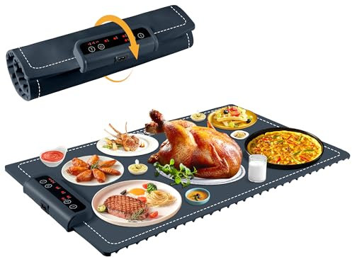 Silicone Heating Mat for Food Warming Tray Portable Food Warmer for Parties Adjustable Temperature Control Time Moders Locking Function Dark Blue