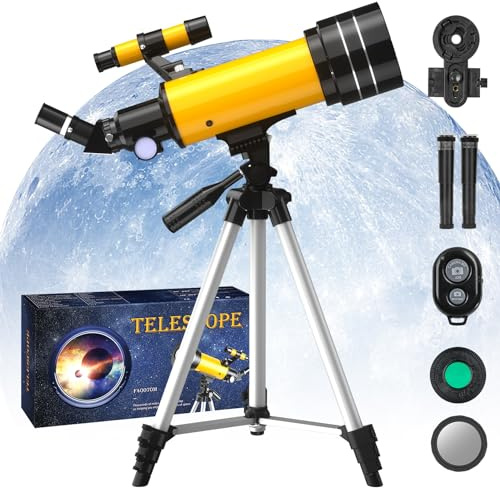 Telescopio 70 MM, Apertura 400 MM (20X-200X), Telescopio Astronómico Refractor, Alta Transmisión FMC, Trípode, Adaptador de Teléfono, Remoto, Regalos de Astronomía para Niños Adultos Principiantes