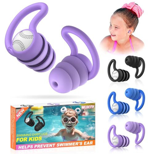 Swimming Ear Plugs Waterproof Earplugs - 3 Pairs Silicone Swim Ear Plugs for Kids, Water Sports Earplugs for Showering, Bathing, Surfing - Keep Ear Water Out (Kids- Black, Pruple, Blue)