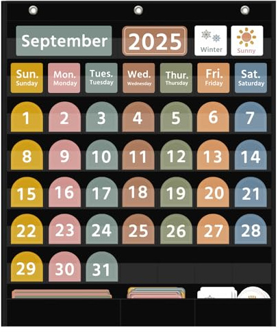 REGELETO Large Boho Calendar Pocket Chart with 96 Cards for Classroom, Size:32.25 x 24.125 inch Black Monthly Calendar and Weather Pocket Chart for Student Learning for Home or School.