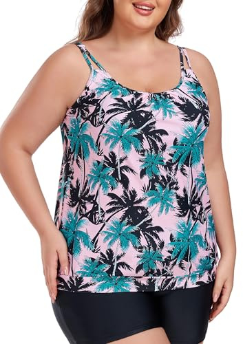 Ocean Blues Costume da Bagno da Donna, Top Tankini Taglie Forti, Taglio Ampio, Blouson Tankini, Albero di cocco, XL