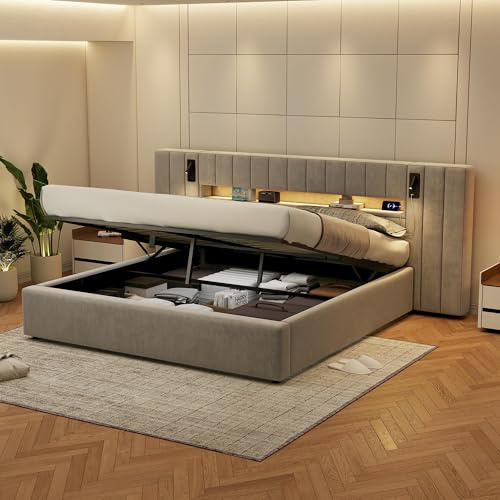 GigaXynium sängram med USB-anslutning, stoppad säng, dubbelsäng, säng med förvaringsutrymme, funktionssäng, med belysning, med nattduk, med förvaringsutrymme (180 x 200 cm)