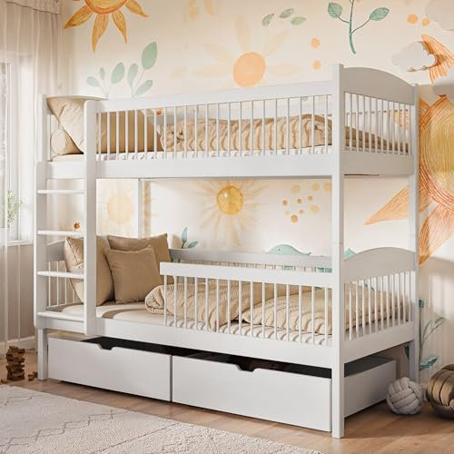 Kids Collective Hochbett Kinder, Etagenbett, Kinderbett | Massives Kiefernholz, 2 Schubladen, sicher & funktional | Größen: 80x180, 90x190, 90x200 cm | 80x180 cm von 3. bis 12. Lebensjahr | Weiß