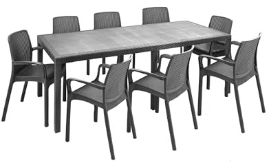 Dmora - Set salotto da esterno Manarola, Salottino outdoor, Tavolo rettangolare allungabile con 8 sedie con braccioli, Made in Italy, Antracite