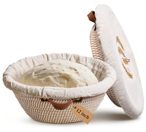 12 Inch Large Cotton Rope Banneton Bread Proofing Basket Set, 2 Pack Round Sourdough Bread Baking Supplies with Liners & Covers for Artisan Bread Baking