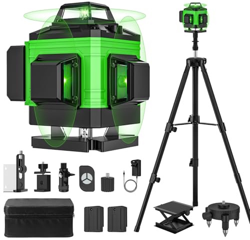 Laser Level Self Leveling 4 x 360°, 4D 16 Lines Green Professional Laser Level with 2 Batteries, Adjustable Brightness Pulse Mode, Swivel Base Remote Control Wall Bracket (with Tripod Base)