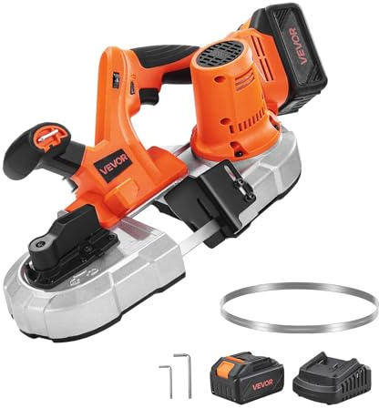 VEVOR Kit de Sierra de Cinta Portátil Inalámbrica, Corte Profundo de 6,5 cm con 360 W Motor sin Escobillas y Batería de 4 Ah, Velocidad Variable de 0 a 192 m/min, para Cortar Metal y Madera