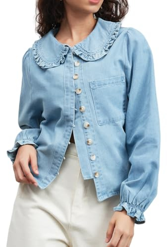 Womens Puff Long Sleeve Denim Shirts Peter Pan Collar Button Down Jean Blouse Casual Denim Tops with Pocket