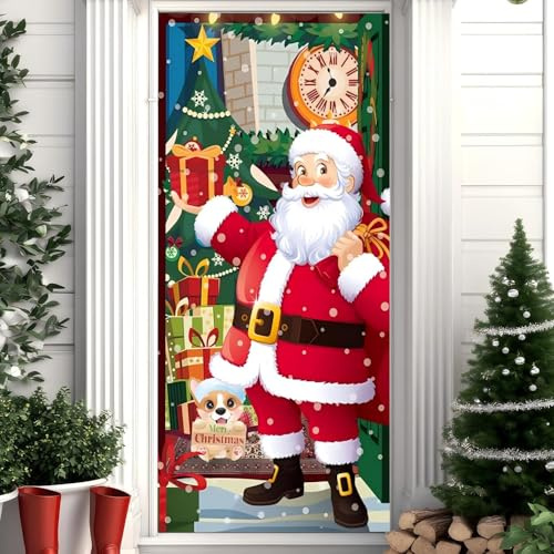 Decoracion Puerta Navidad, Decoración Navideña Puerta Entrada Exterior, Funda Pancarta Colgante de Papá Noel Puerta Navideña Banderolas, Fundas Cubierta Adorno Delantera Casa Hogar 90 x 180 cm