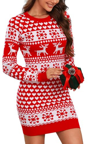 Leversic Robe de Noël Femmes Pull Noel Hiver Sweat Chaud Christmas Jumper Manches Longues Rouge L