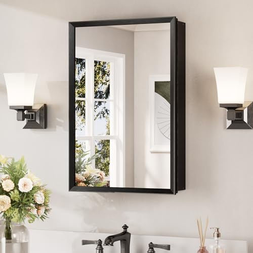 Keonjinn Medicine Cabinet Mirror 16 x 24, Assembly Required, Black Medicine Cabinet with Mirror for Bathroom, Beveled Framed, Wall-Mounted or Recessed, Stepless Adjustable Shelves