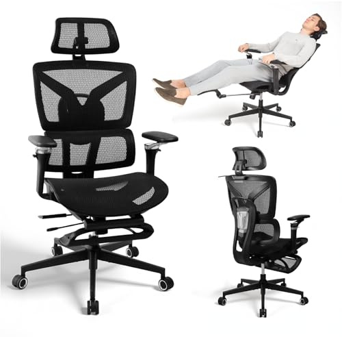 Rieior Silla de oficina ergonómica grande y alta con reposapiés, reposabrazos ajustables 5D, soporte lumbar, respaldo de malla reclinable, asiento de profundidad ajustable, silla infantil, color negro