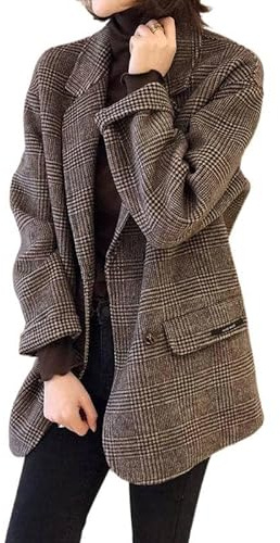 LIUYUYOUGO Manteau Laine Femme Veste Blazer À Carreaux Pied-De-Poule Pour Femme Marron Vintage Manteau Caban À Revers Crantés Veste De Costume Croisée En Mélange De Laine De Travail Él