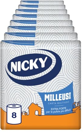Nicky Milleusi Forte – 8 Rotoli di Carta Multiuso, 180 Resistenti Fogli a 3 Veli, Per le Pulizie Più Difficili, Lunghezza Extra e Infinita Versatilità, Carta 100% Certificata FSC