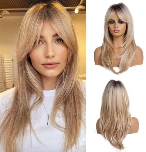 TYXHXTF 20 Pollici Lungo Dritto Biondo con Radici Scure Stratificato Parrucche di Capelli Sintetici, Lungo Layered Con Frange Lisci Sintetico Fibra Shoulder Lunghezza Capelli per Quotidiano Parrucche