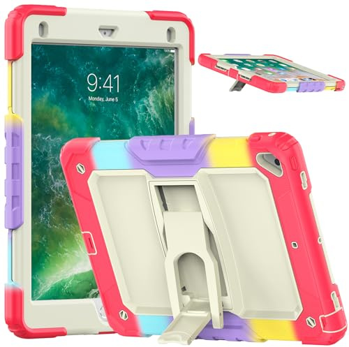 V-MOTA Étui de protection de qualité militaire compatible avec iPad Air 2, iPad Pro, iPad 6e/5e génération 9,7, coque hybride avec design anti-chocs, fente pour stylo, support (rouge arc-en-ciel)