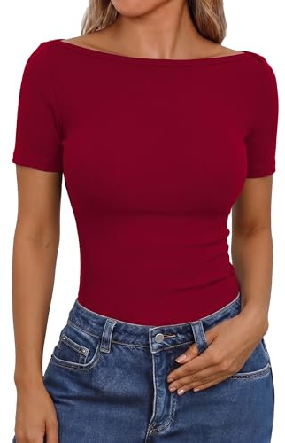 Aottori Magliatta Donna Manica Corta Scollo a Barca Estiva Maglia Coste Aderente Elegante T Shirt Elasticizzata BasicLeggero Sottogiacca Sexy Slim Fit Rosso M