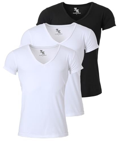 Young & Rich Herren Uni T-Shirt mit extra tiefem V-Ausschnitt Slimfit Stretch Dehnbare Passform einfarbiges Basic Shirt - 3er Pack, Grösse:XL, Farbe:2 x Weiß / 1 x Schwarz