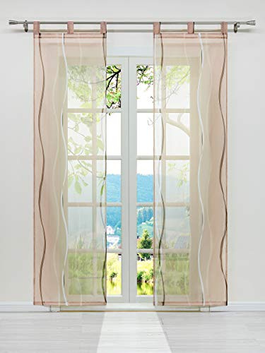 ESLIR Uppsättning av 2 ytgardiner, skjutgardiner, voile-gardiner med öljetter, skjutgardin, transparent gardin, vågmönster, sand, B x H 57 x 145 cm, 2 stycken