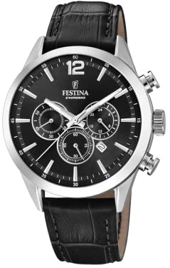 Festina Herren Uhr Analog mit Schwarzem Lederarmband - Quarzwerk - Chronograph - Kalender - Mineralglas mit hoher Widerstandsfähigkeit - Wasserdicht bis 5 ATM - Elegant F20542/5 Timeless Chronograph