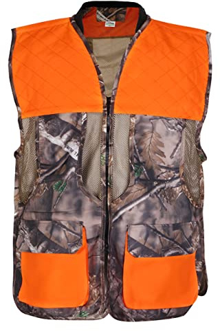 AUSCAMOTEK Upland Field Vest for Deer Bird Hunting with Camouflage and Blaze Orange Multiple Pockets and Recoil Pad M/L