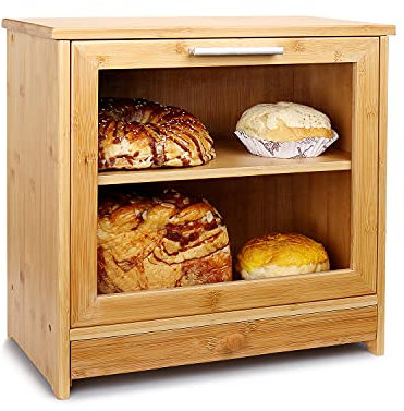 G.a HOMEFAVOR Boîte à Pain en Bambou 2 Couches, 40 x 22 x 38 cm, Huche à Pain Box à Pain Récipient de Stockage de Pain pour Cuisine avec Tiroir à Couteau