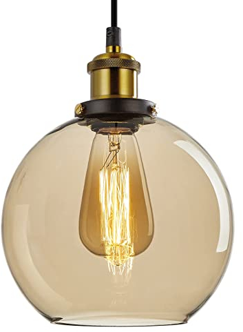 FORCOSO Industrial Glass Pendant Light - Vintage Ceiling Lights with Clear Ball Glass Shade Adjustable Hanging Pendant Lighting for Kitchen Island Dining Room Bedroom - ø20 cm