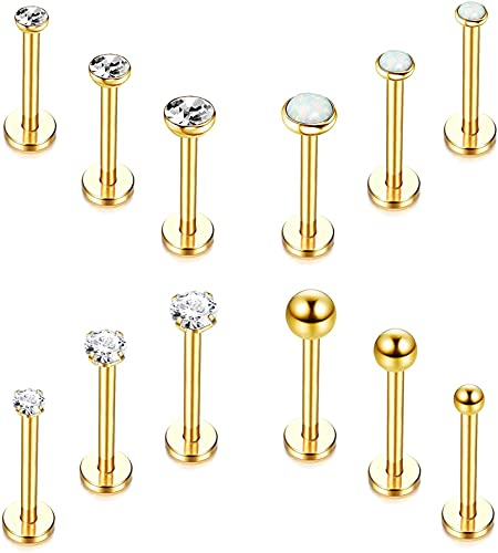 CASSIECA 12 Stück Edelstahl Lippenpiercing Stud Labret Piercing für Frauen Männer 16 Gauge Kugel Zirkon Opal Labret Schwarz Silber Ohrstecker Knorpel Helix Tragus Ohrringe Lippe Piercing, 6mm 8mm