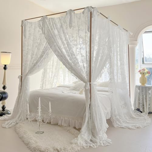 Mengersi Betthimmel Bettvorhänge mit Raffhaltern, Betthimmel, Vorhänge, durchsichtige Vorhänge für Schlafzimmer-Dekoration (Queen, weiß