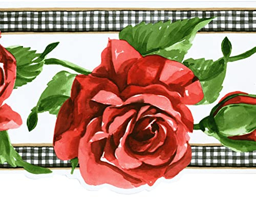 CONCORD WALLCOVERINGS ™ Wallpaper Border Retro Floral Pattern Painted Roses Leaves, Die Cut Edge for Living Room Bedroom Cottage Farmhouse, White Red Black Green, 15 ft by 8.5 in IG75172B