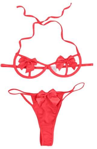 Rayson Lingeri da Donna Lingerie Reggiseno Mutandine con Fiocco Bodydoll Camicie per Natale Viaggio di Nozze(Rosso,OneSize)