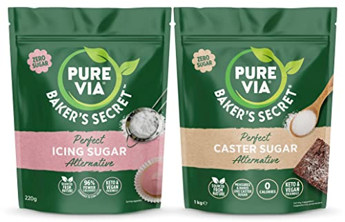 Pure Via Caster and Icing Sugar Alternative - Gluten Free, Plant Based, Vegan and Keto Friendly - Baking Bundle 370g and 220g