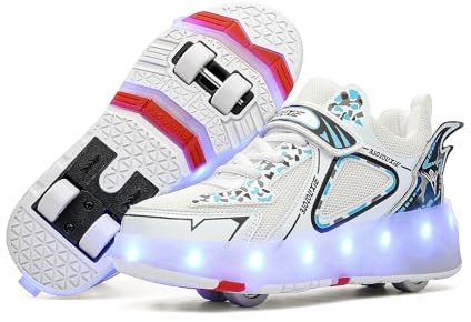 HUSKSWARE Rollschuhe Schuhe Jungen Mädchen Mit 4 Rollen Skateboardschuhe, verstellbar Jugend Schuhe mit Rollen, Weiß 36 EU