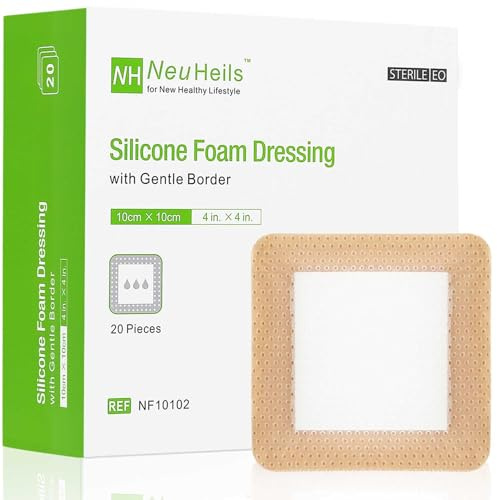NeuHeils Silicone Foam Dressing with Gentle Border 4''x4'', 20 Pack for Bed Sore Leg Ulcer, High Absorbency Large Waterproof Silicone Wound Bandage