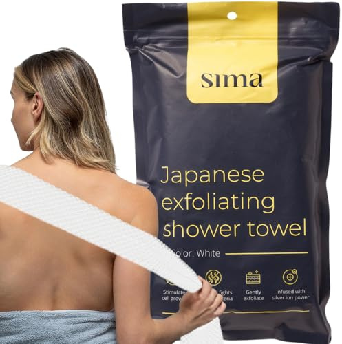 Sima Brand Exfoliating Washcloth Face & Body Scrub Towel - Japanese Exfoliating Towel with Hexagon Fibers, Body Scrubber with 2 Sides for Scrubbing & Washing, Extra Long Body Towels (White)