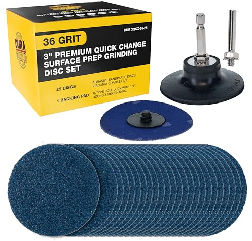 Dura-Gold 3 Inch Grinding Discs, 36 Grit (25 Disc Set) with R-Type Roll Lock Adapter & Backing Pad - Quick Change Zirconia Coarse Cut Sanding Discs for Auto, Wood, Metal, Rust, Oxidation, Welds